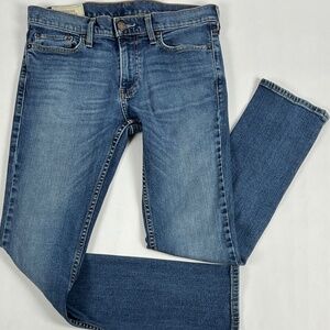 Hollister Mens Jeans 30 x 30 Blue Skinny Jean Med Wash Whiskers (31 x 28.5)